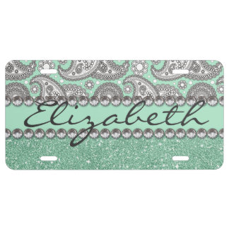 Aqua Glitter Paisley Rhinestone Print Pattern License Plate