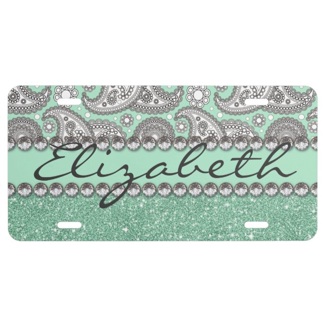 Aqua Glitter Paisley Rhinestone Print Pattern License Plate (Front)
