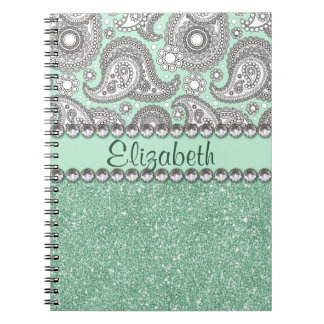 Aqua Glitter Paisley Rhinestone Print Pattern Notebook