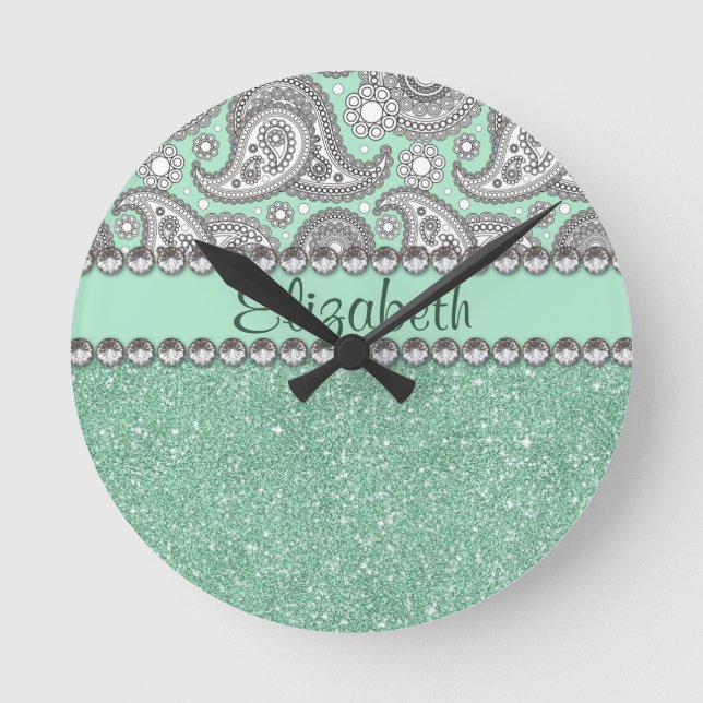 Aqua Glitter Paisley Rhinestone Print Pattern Round Clock (Front)