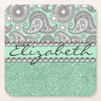 Aqua Glitter Paisley Rhinestone Print Pattern Square Paper Coaster