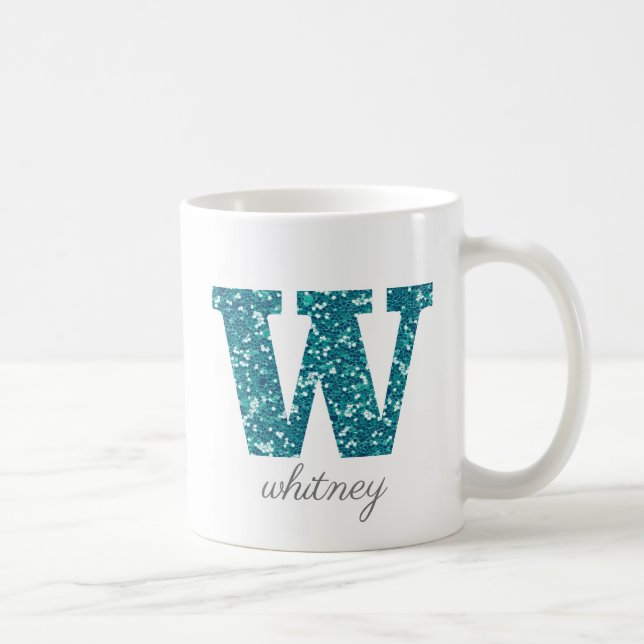 Aqua Glitter Pattern Letter W name Mug (Right)