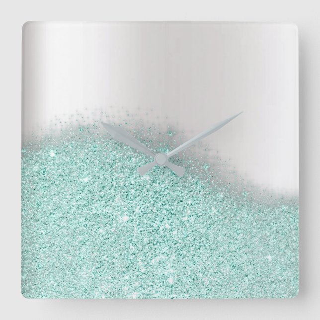 Aqua Glitter Silver Gray Minimal Metallic Square Wall Clock (Front)