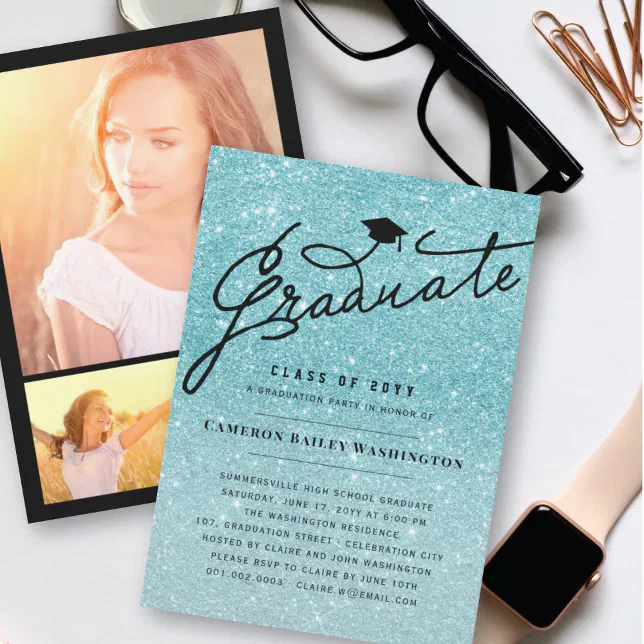 Aqua Glitter Stylish Graduate Graduation Party Invitation | Zazzle
