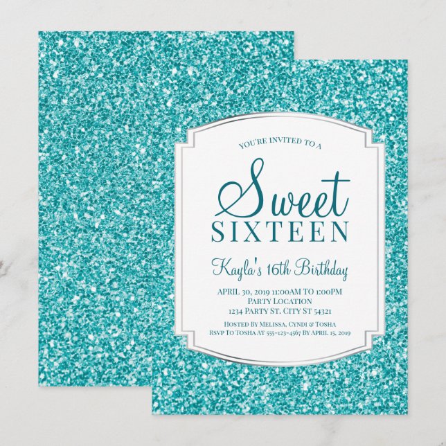 Aqua Glitter Sweet 16 Invitations (Front/Back)