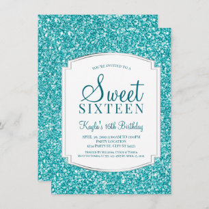 Aqua Glitter Sweet 16 Invitations