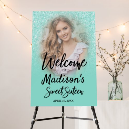 Aqua Glitter Sweet 16 Welcome Sign with Photo