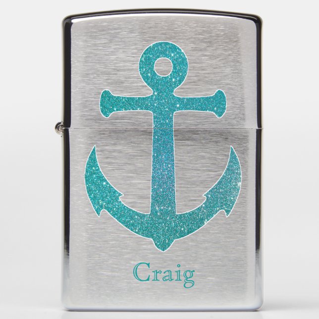 Aqua Glittery Anchor Zippo Lighter (Front)