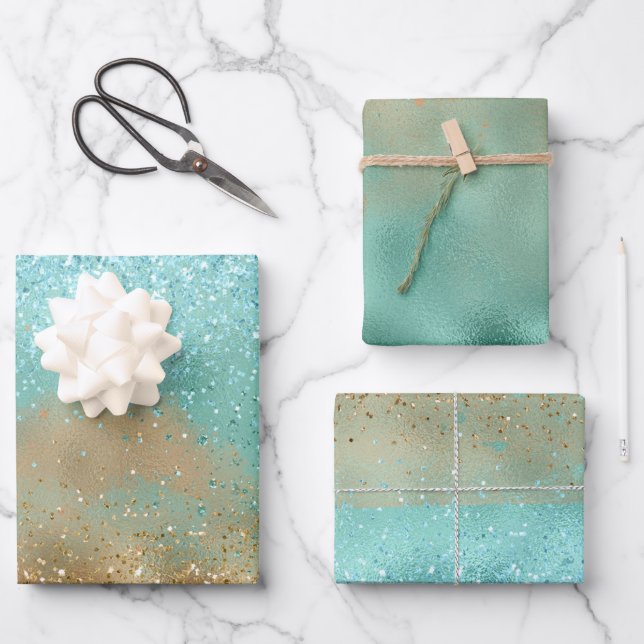 Aqua Glitz Gold Glitter               Wrapping Paper Sheets (Front)