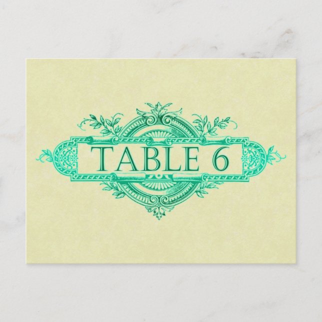 Aqua Glow Vintage Wedding Reception Table Numbers (Front)