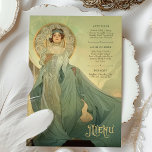 Aqua Gold Art Nouveau Wedding Menu Card<br><div class="desc">This refined Art Nouveau wedding menu card embodies elegance and artistic detail. The front design showcases a stunning figure in a flowing aqua gown with intricate floral embroidery, framed by soft gold accents and a luminous halo of stylized roses. The ethereal backdrop features grand golden arches and muted gradients of...</div>