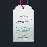 Aqua Gold Beach Welcome to Cancun Wedding Gift Tags<br><div class="desc">These aqua and gold beach welcome to Cancun wedding gift tags are perfect for a tropical destination wedding. The simple and modern design features stunning turquoise, teal and light blue watercolor with a soft gold sparkle reminiscent of the sand and sea. It's paired with gorgeous elegant calligraphy. Personalize the tags...</div>