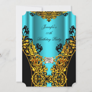 Aqua Gold Black Lace Diamond Birthday Party Invitation