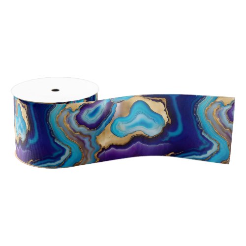 Aqua Gold Blue Purple  Veins Agate Grosgrain Ribbon