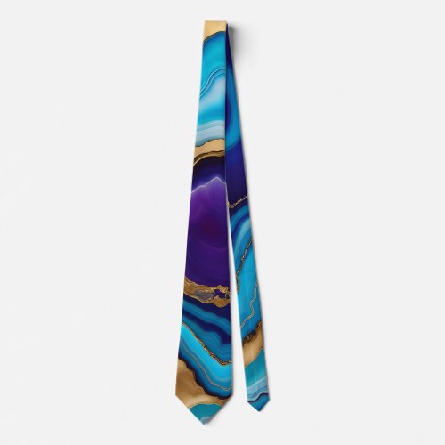 Aqua Gold Blue Purple  Veins Agate Neck Tie