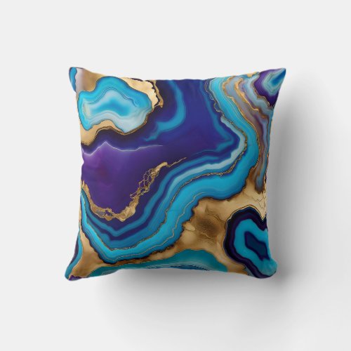 Aqua Gold Blue Purple  Veins Agate Throw Pillow