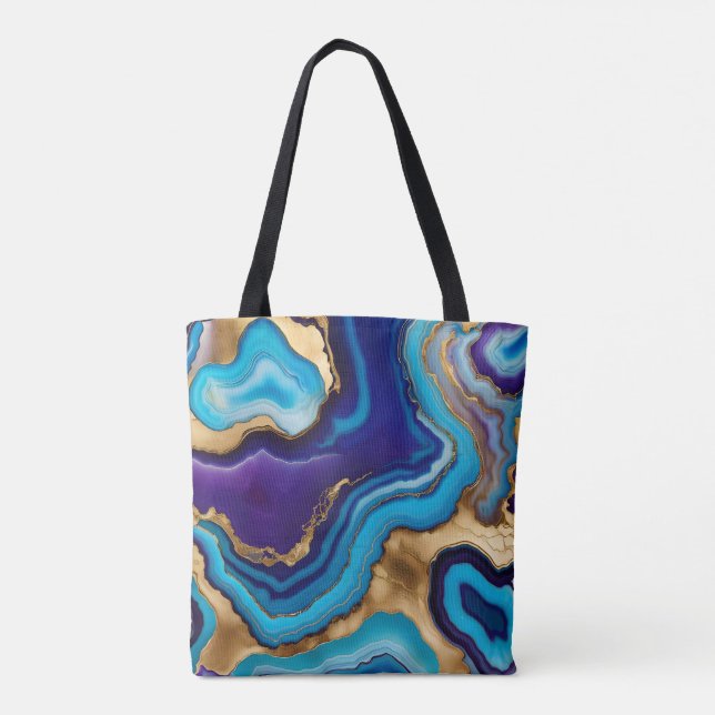 Aqua Gold Blue Purple  Veins Agate Tote Bag (Back)