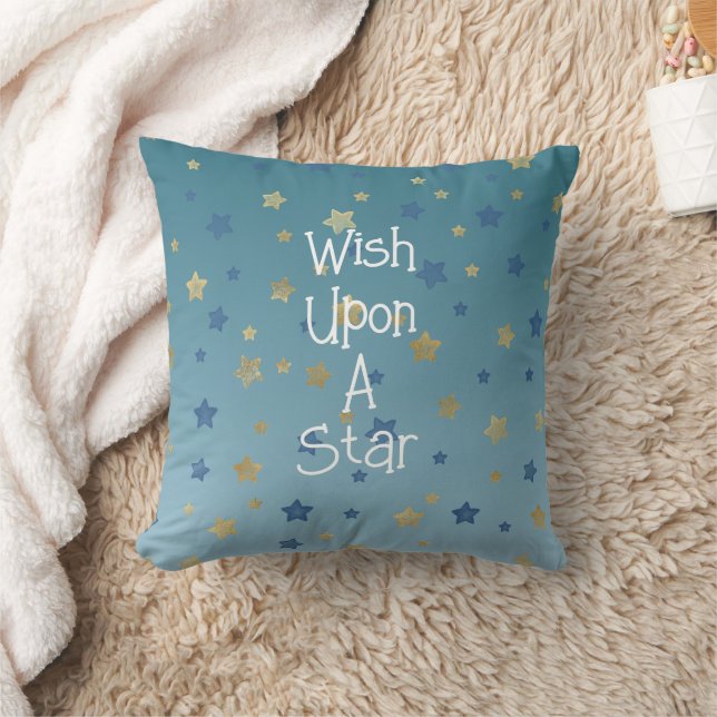 Aqua Gold Blue Wish Upon A Star  Throw Pillow (Blanket)
