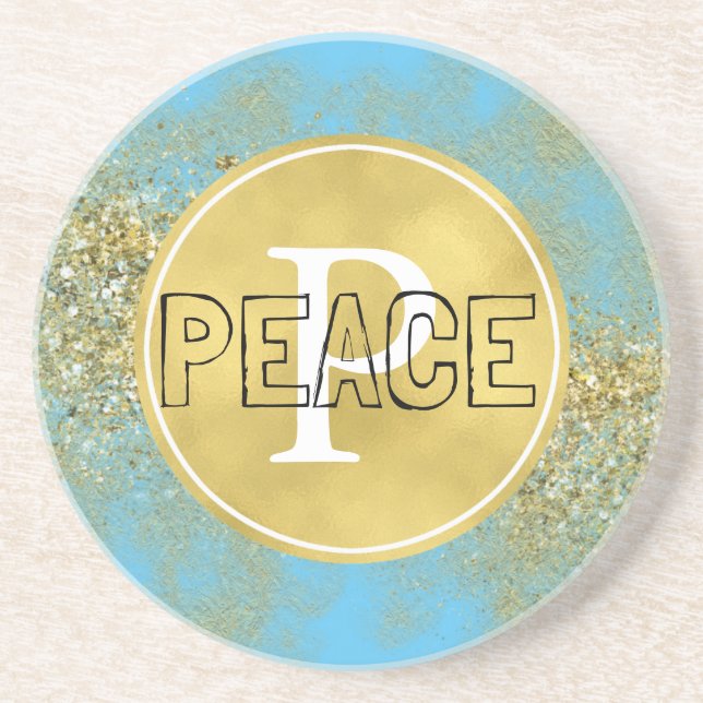 Aqua Gold Faux Glitter Peace Monogram Drink Coaster (Front)