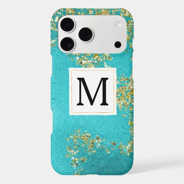 Aqua Gold Faux Sparkly Glitter Monogram iPhone Case (Back)