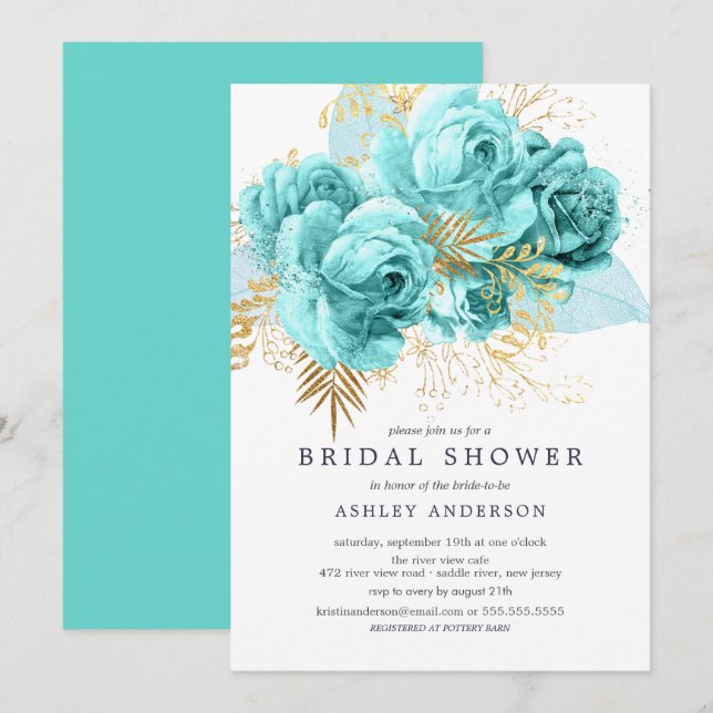 Aqua & Gold Floral Bridal Shower Invitation (Front/Back)