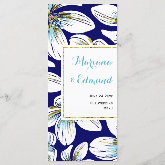 Aqua, gold foil floral navy blue wedding menu card (Front)