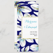 Aqua, gold foil floral navy blue wedding menu card (Front/Back)