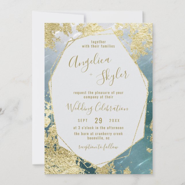 Aqua & Gold Foil Geometric Gem Terrarium Wedding Invitation (Front)