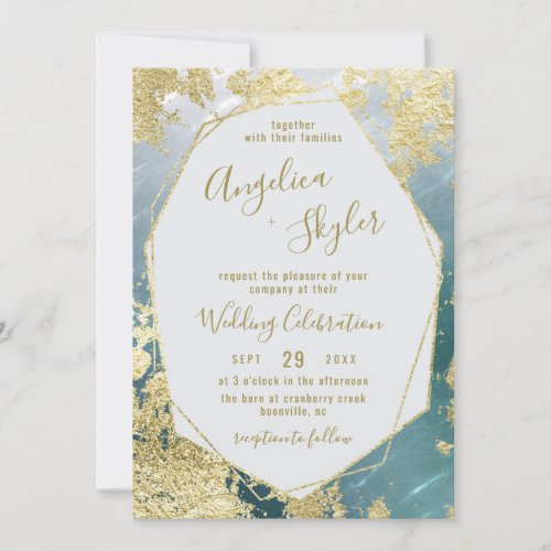 Aqua  Gold Foil Geometric Gem Terrarium Wedding Invitation