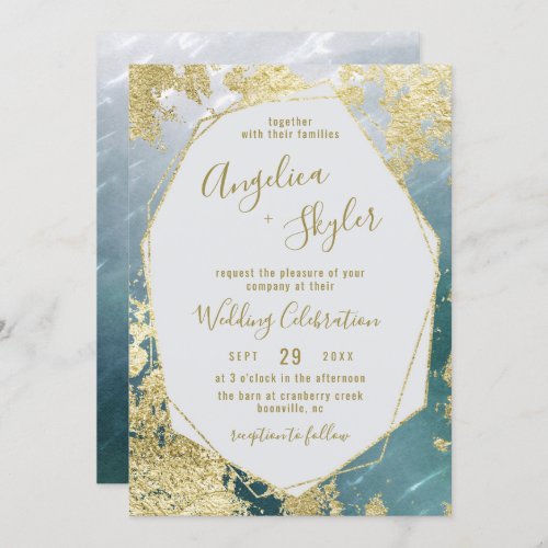 Aqua  Gold Foil Geometric Gem Terrarium Wedding Invitation
