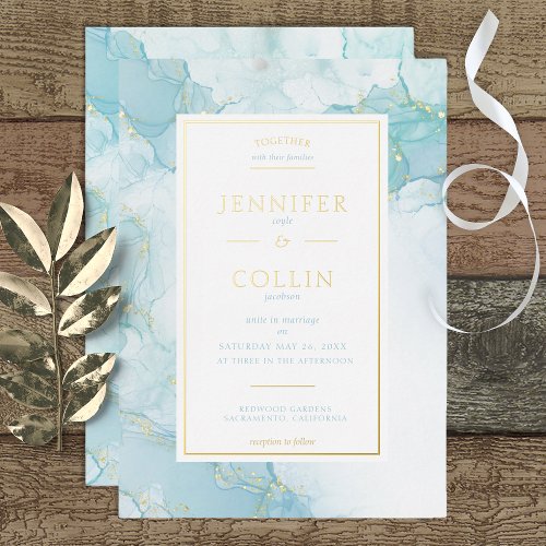  Aqua  Gold Foil Marbleized Wedding Invitation Foil Invitation