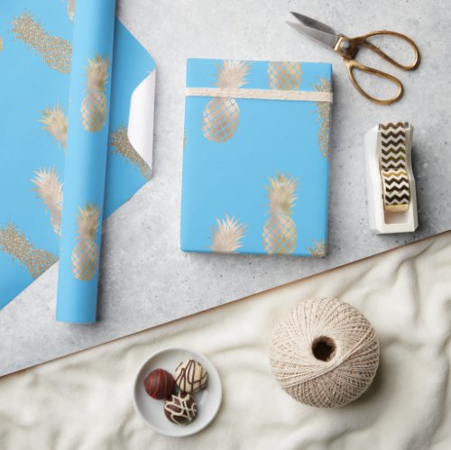 Aqua Gold Glam Pineapples Wrapping Paper