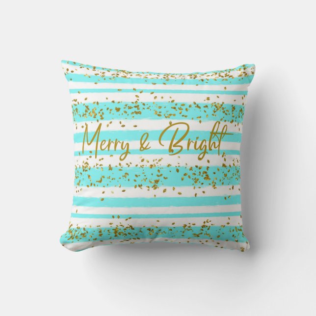Aqua Gold Glitter Confetti Merry & Bright Throw Pillow (Front)