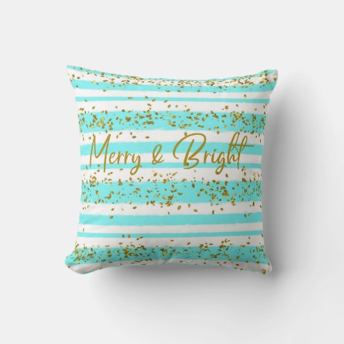 Aqua Gold Glitter Confetti Merry  Bright Throw Pillow