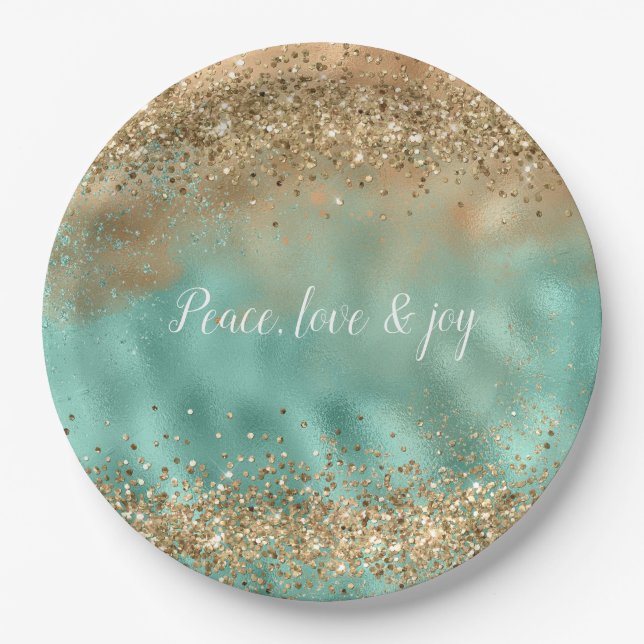 Aqua Gold Glitter Confetti       Paper Plates (Front)