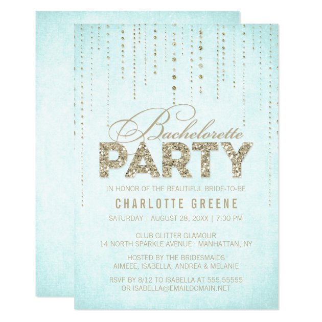 Aqua & Gold Glitter Look Bachelorette Party Invitation