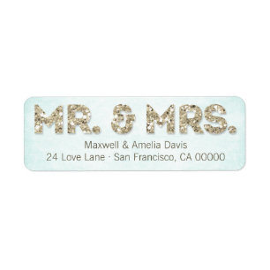 Aqua & Gold Glitter Look Mr. & Mrs. Large Label
