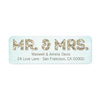 Aqua & Gold Glitter Look Mr. & Mrs. Large Label