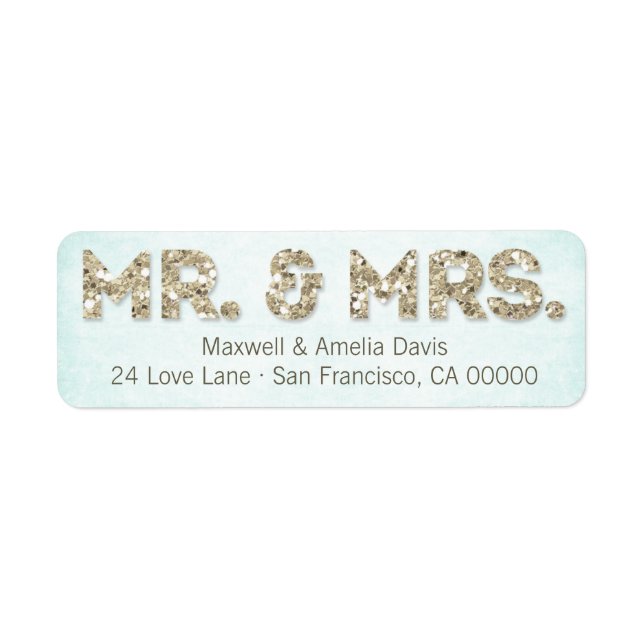Aqua & Gold Glitter Look Mr. & Mrs. Large Label (Front)