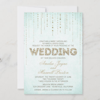 Aqua & Gold Glitter Look Wedding Invitation