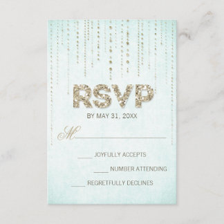 Aqua & Gold Glitter Look Wedding RSVP Card