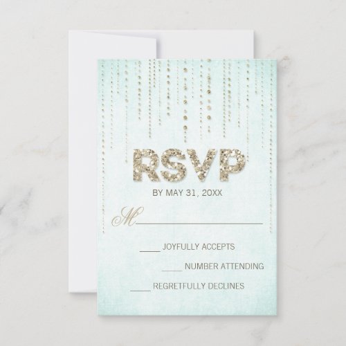 Aqua &amp; Gold Glitter Look Wedding RSVP Card