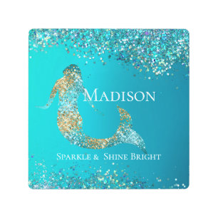 Aqua Gold Glitter Sparkle Mermaid Metal Print