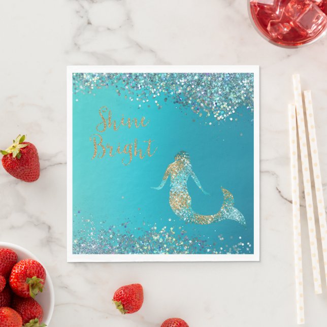 Aqua Gold Glitter Sparkle Mermaid       Napkins (Insitu)