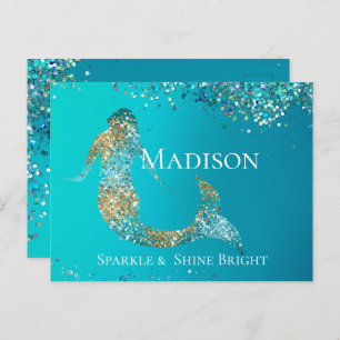 Aqua Gold Glitter Sparkle Mermaid  Postcard
