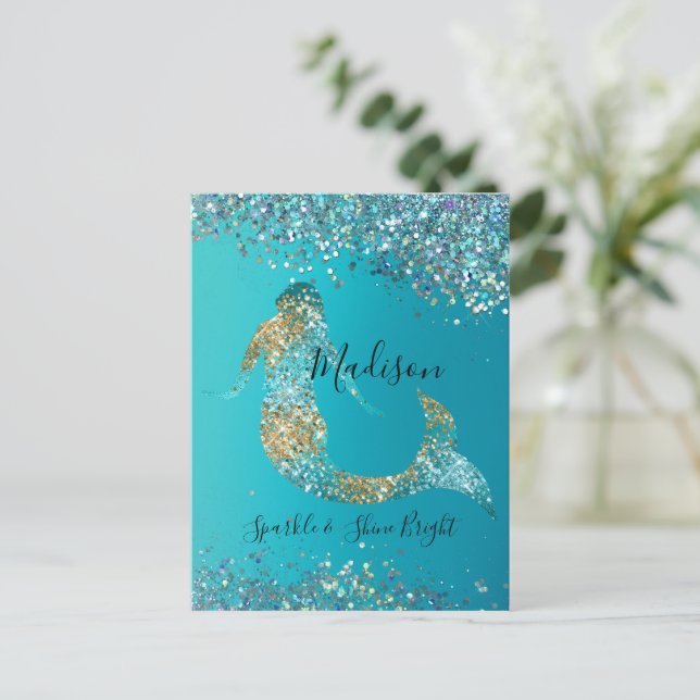 Aqua Gold Glitter Sparkle Mermaid  Postcard (Standing Front)