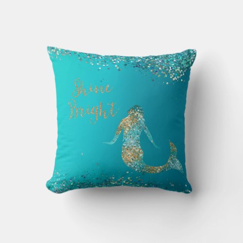 Aqua Gold Glitter Sparkle Mermaid  Throw Pillow
