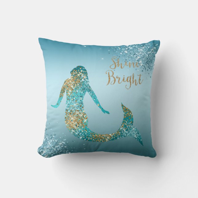 Aqua Gold Glitter Sparkle Mermaid Throw Pillow (Front)
