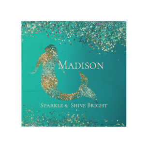 Aqua Gold Glitter Sparkle Mermaid Wood Wall Art