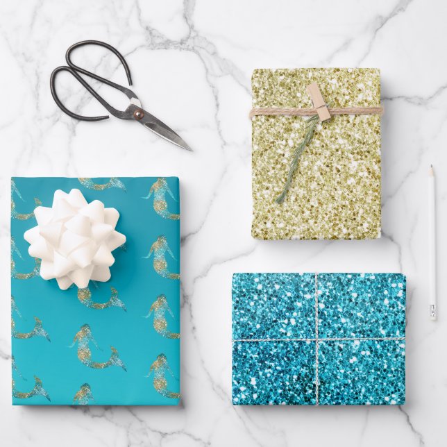Aqua Gold Glitter Sparkle Mermaid      Wrapping Paper Sheets (Front)